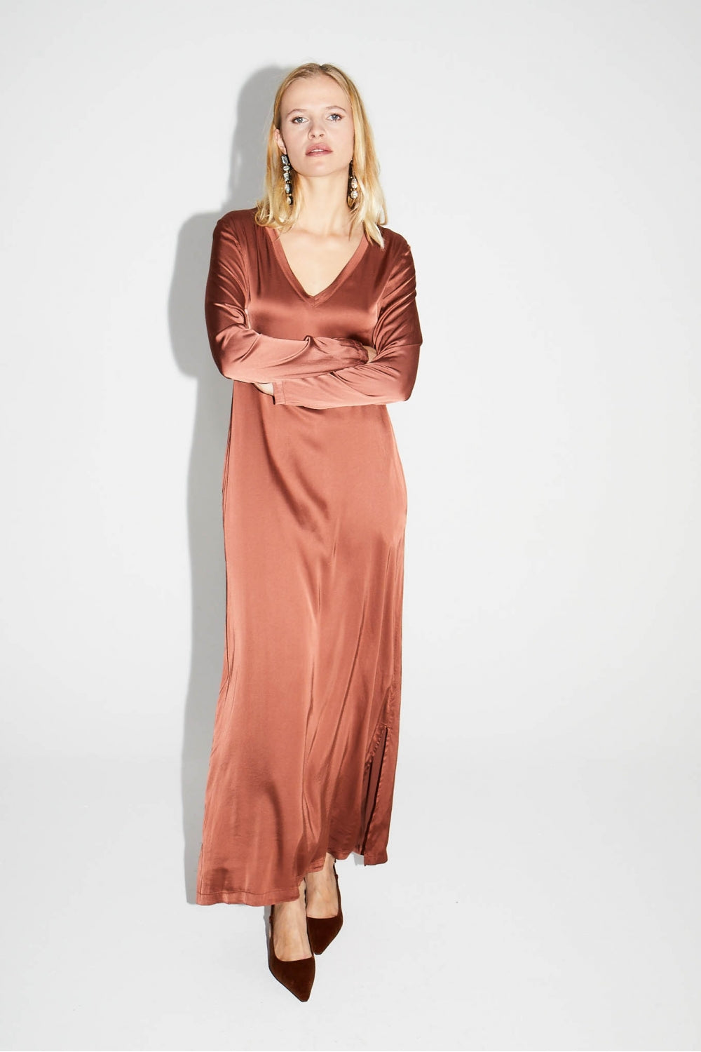 Maxi Dress Satin Viscose Cognac