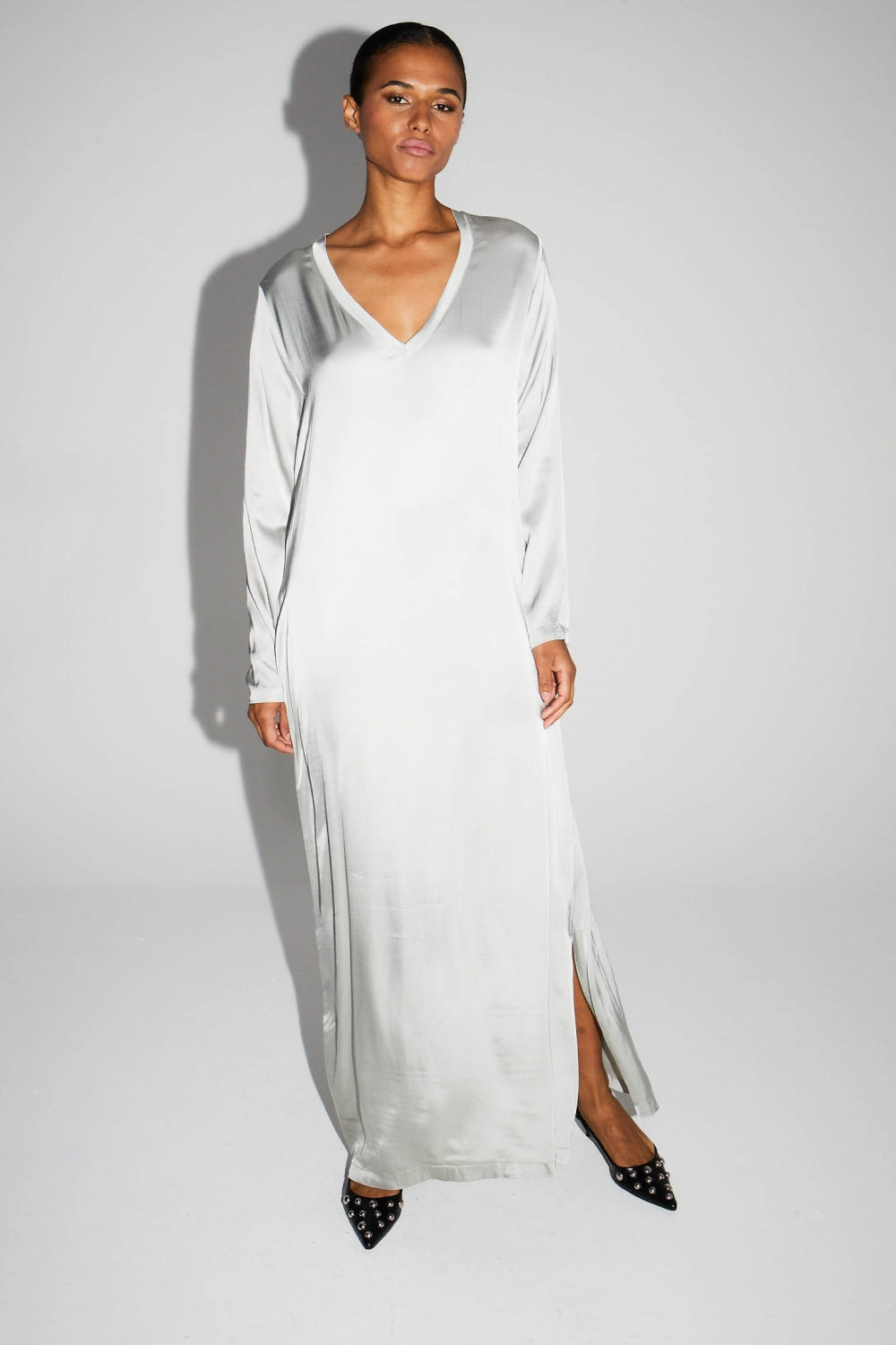 Maxi Dress Viscose Satin Stretc Silver Fabriquée En Italie