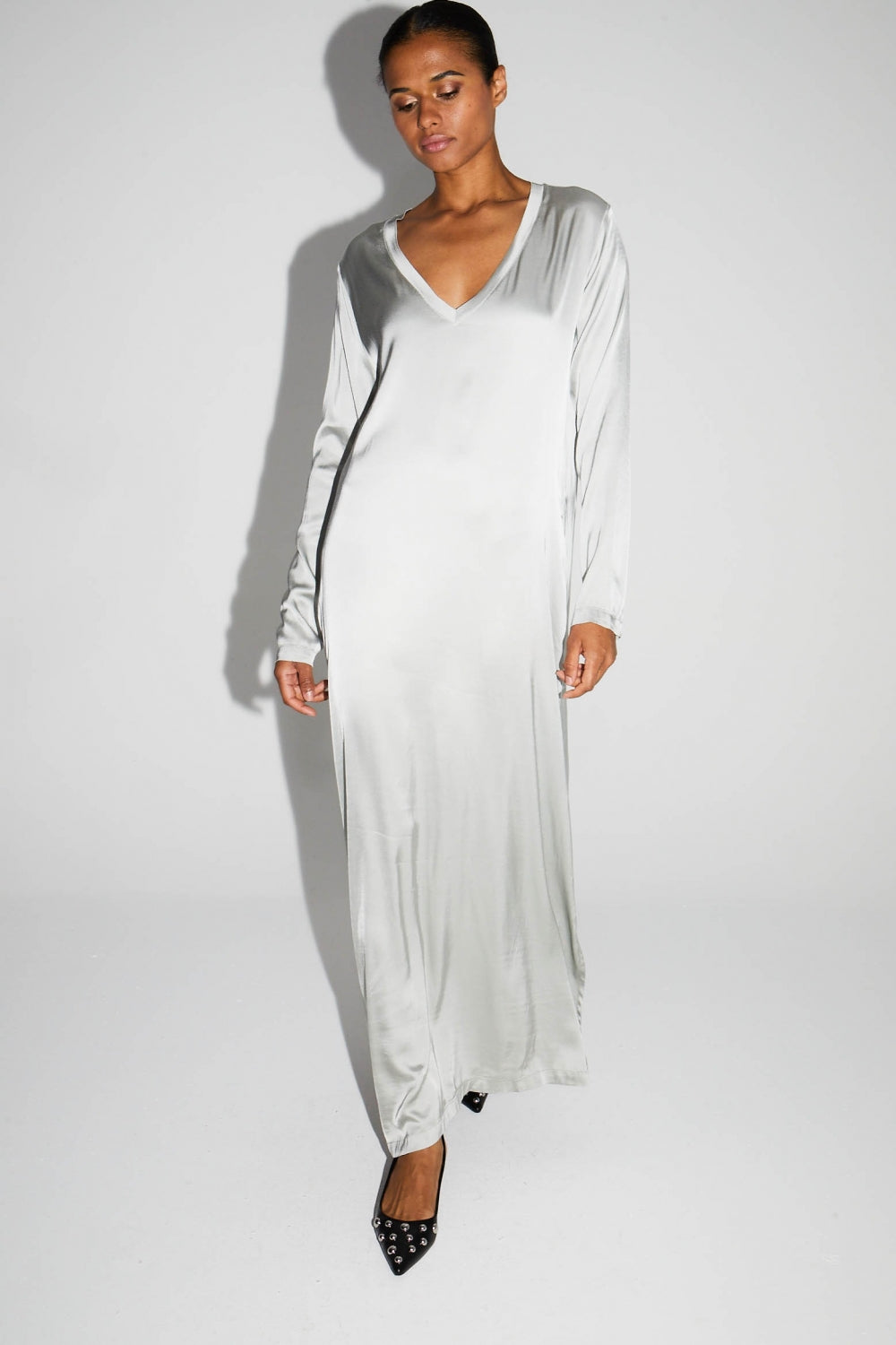 Maxi Dress Viscose Satin Stretc Silver Fabriquée En Italie