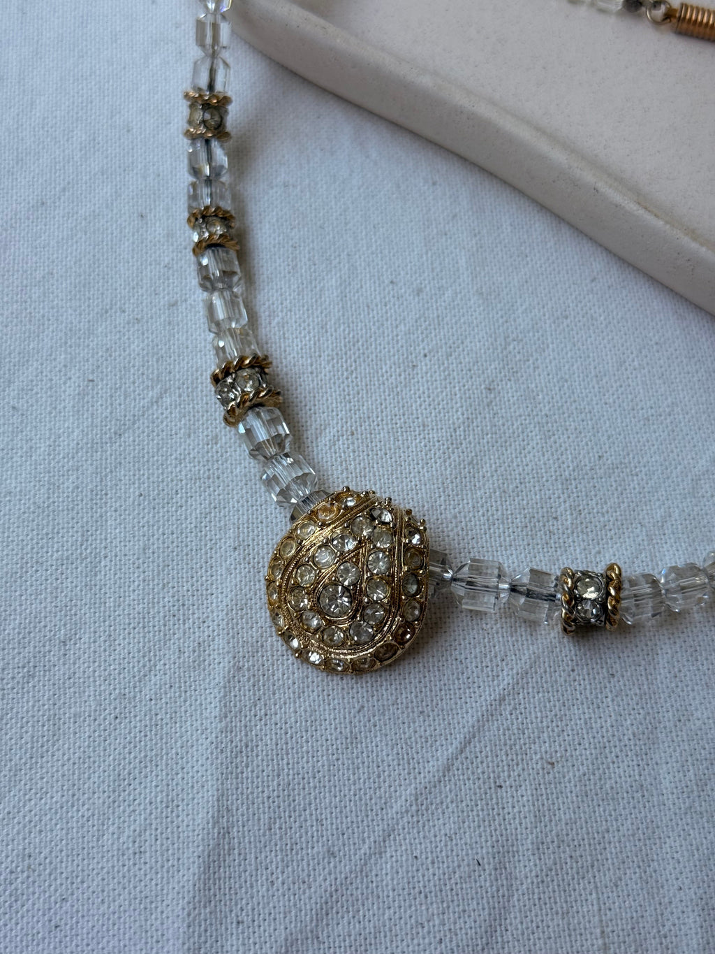 Orena Vintage Necklace - Faceted Crystal Beads and Pavé Pendant