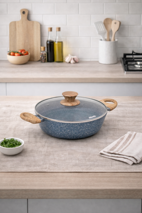 Casserole - 24 Cm - Pierre Gourmet - Avec Couvercle Et Poignée En Bois