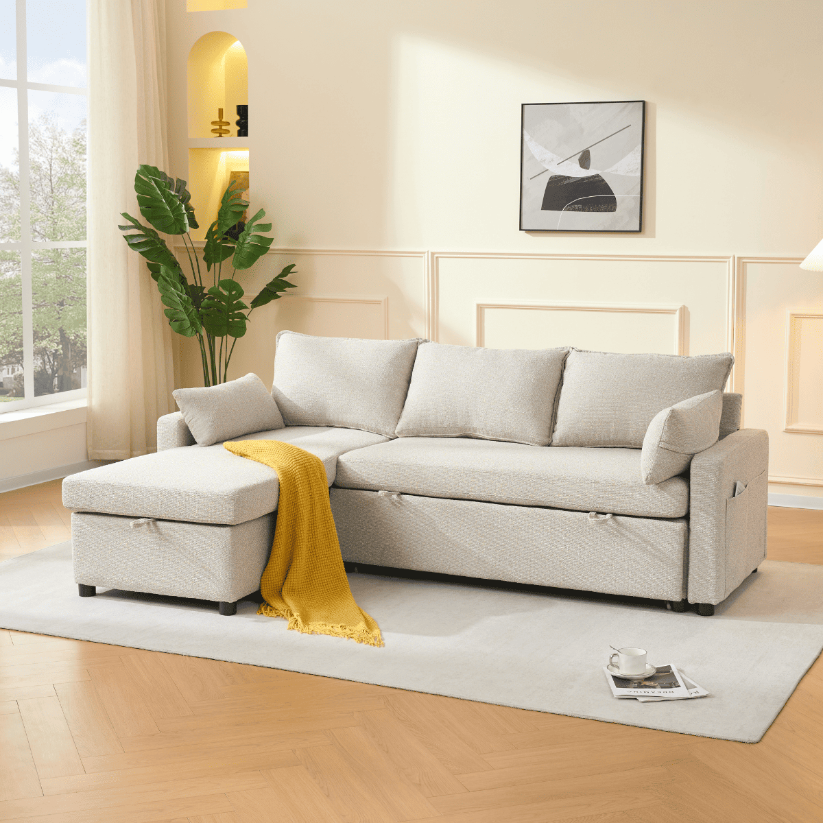 Louison - 3-Seater Convertible Sofa with Chaise Longue - Beige Fabric
