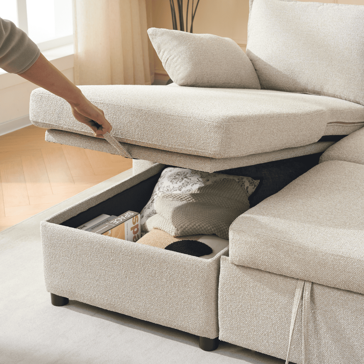 Louison - 3-Seater Convertible Sofa with Chaise Longue - Beige Fabric
