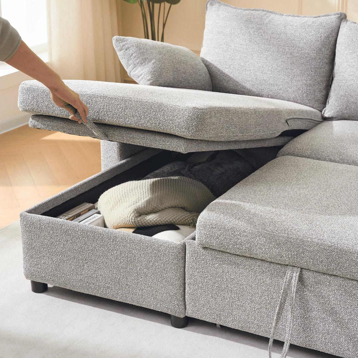 Louison - Sofá Cama Convertible 3 Plazas Chaise Longue - Tela Gris