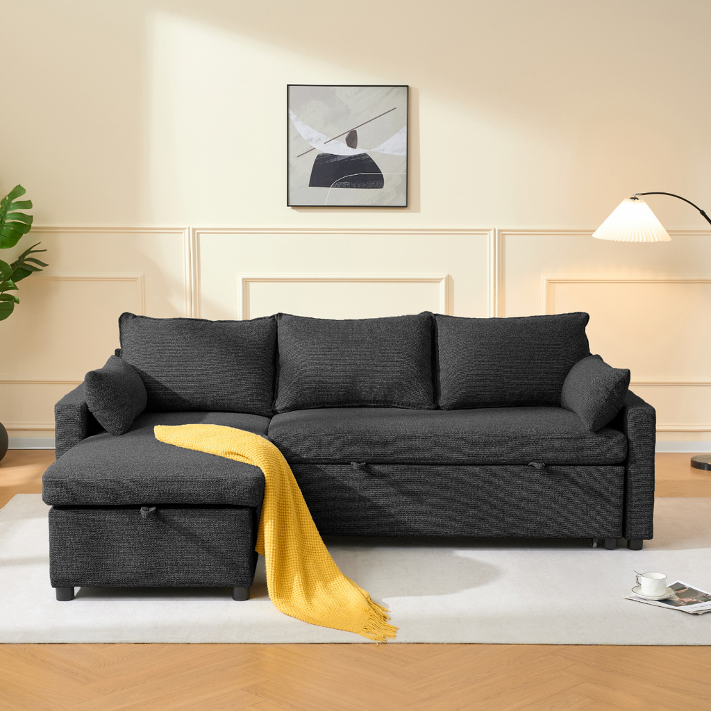 Louison - Sofá cama de 3 plazas con chaise longue - Tela gris antracita