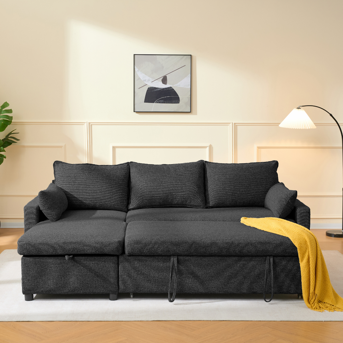 Louison - Sofá cama de 3 plazas con chaise longue - Tela gris antracita