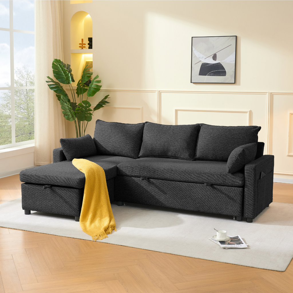 Louison - Sofá cama de 3 plazas con chaise longue - Tela gris antracita