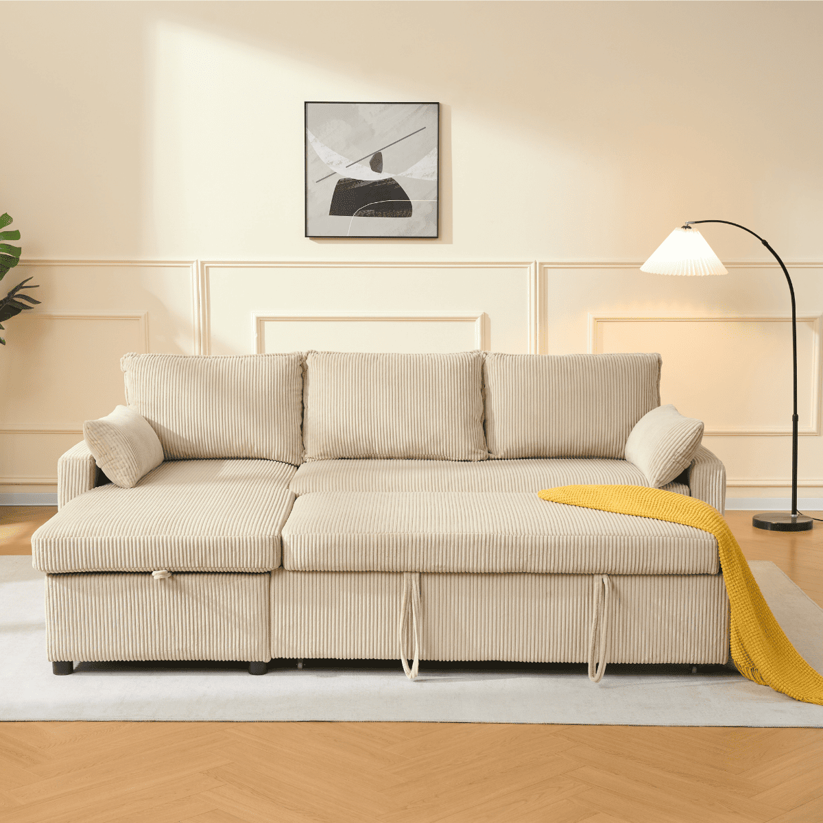Louison - Canapé Convertible 3 Places Méridienne - Velours Côtelé Beige