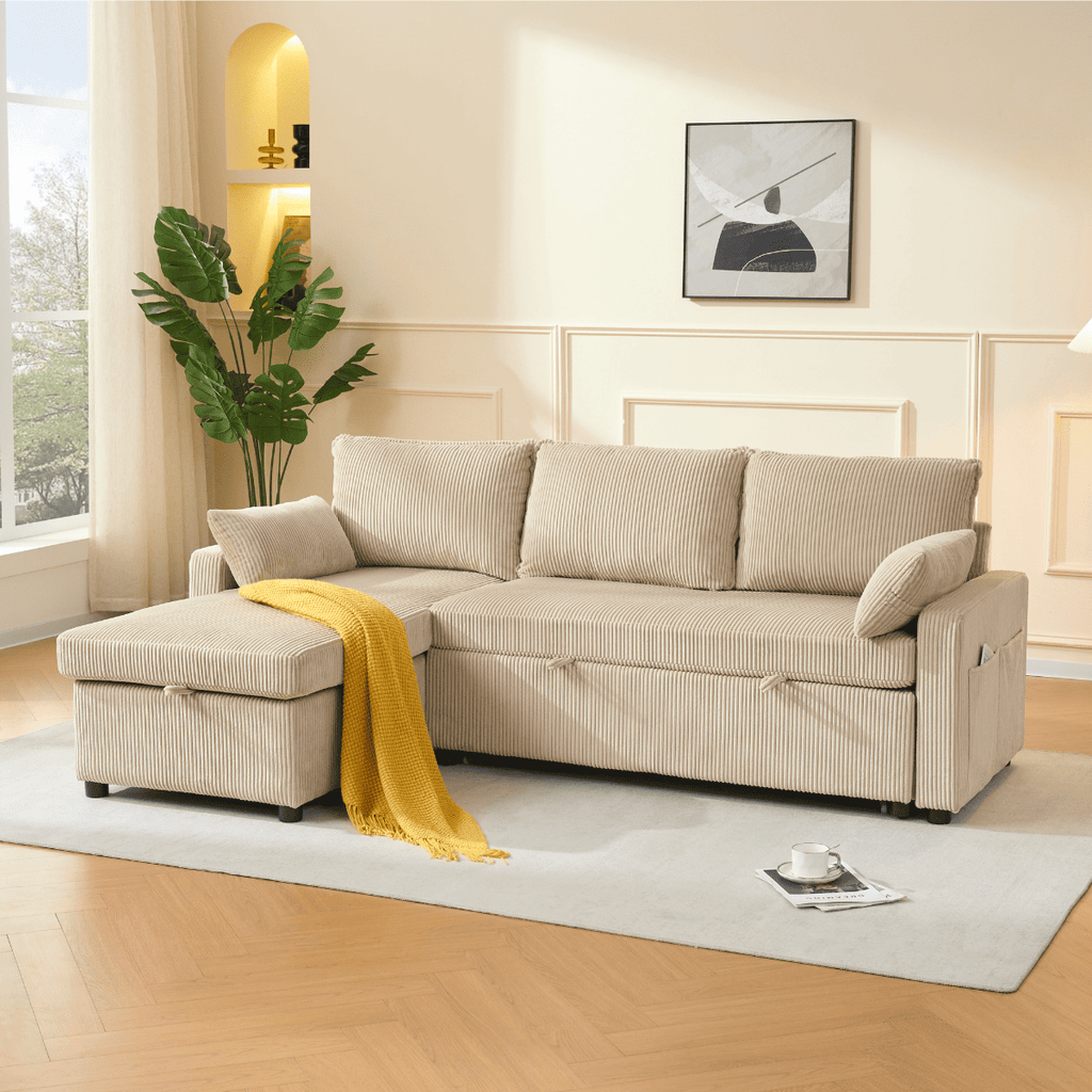 Louison - Canapé Convertible 3 Places Méridienne - Velours Côtelé Beige