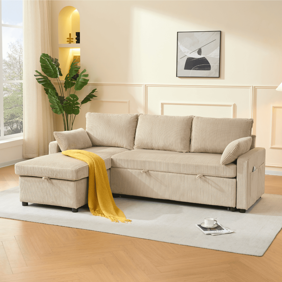 Louison - Canapé Convertible 3 Places Méridienne - Velours Côtelé Beige