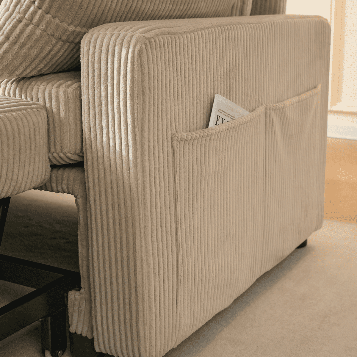 Louison - Canapé Convertible 3 Places Méridienne - Velours Côtelé Beige