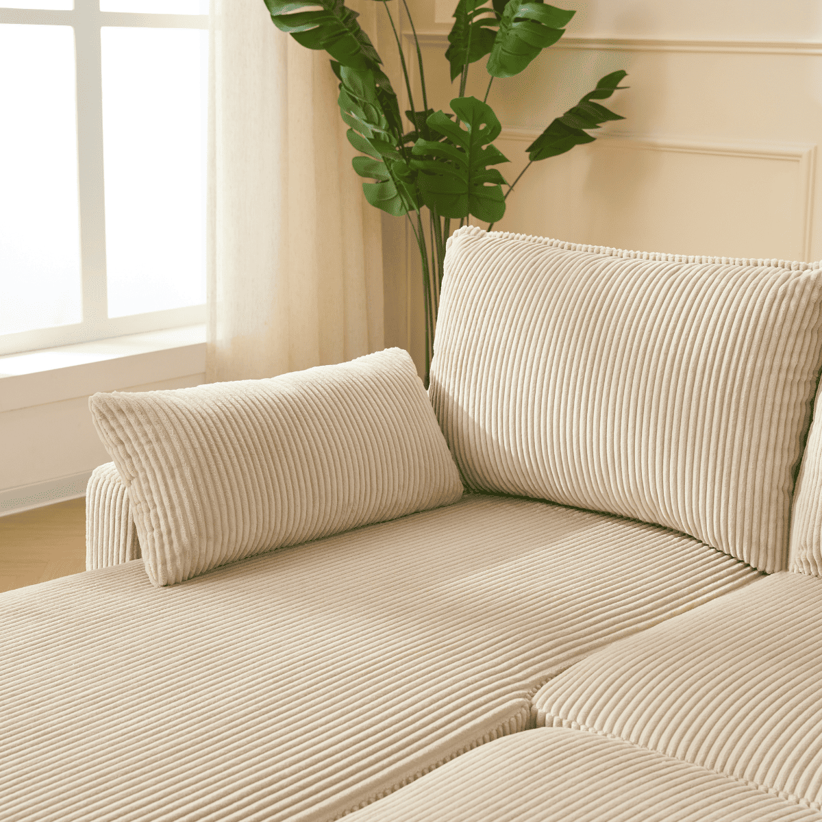 Louison - Canapé Convertible 3 Places Méridienne - Velours Côtelé Beige