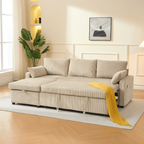 Louison - Canapé Convertible 3 Places Méridienne - Velours Côtelé Beige