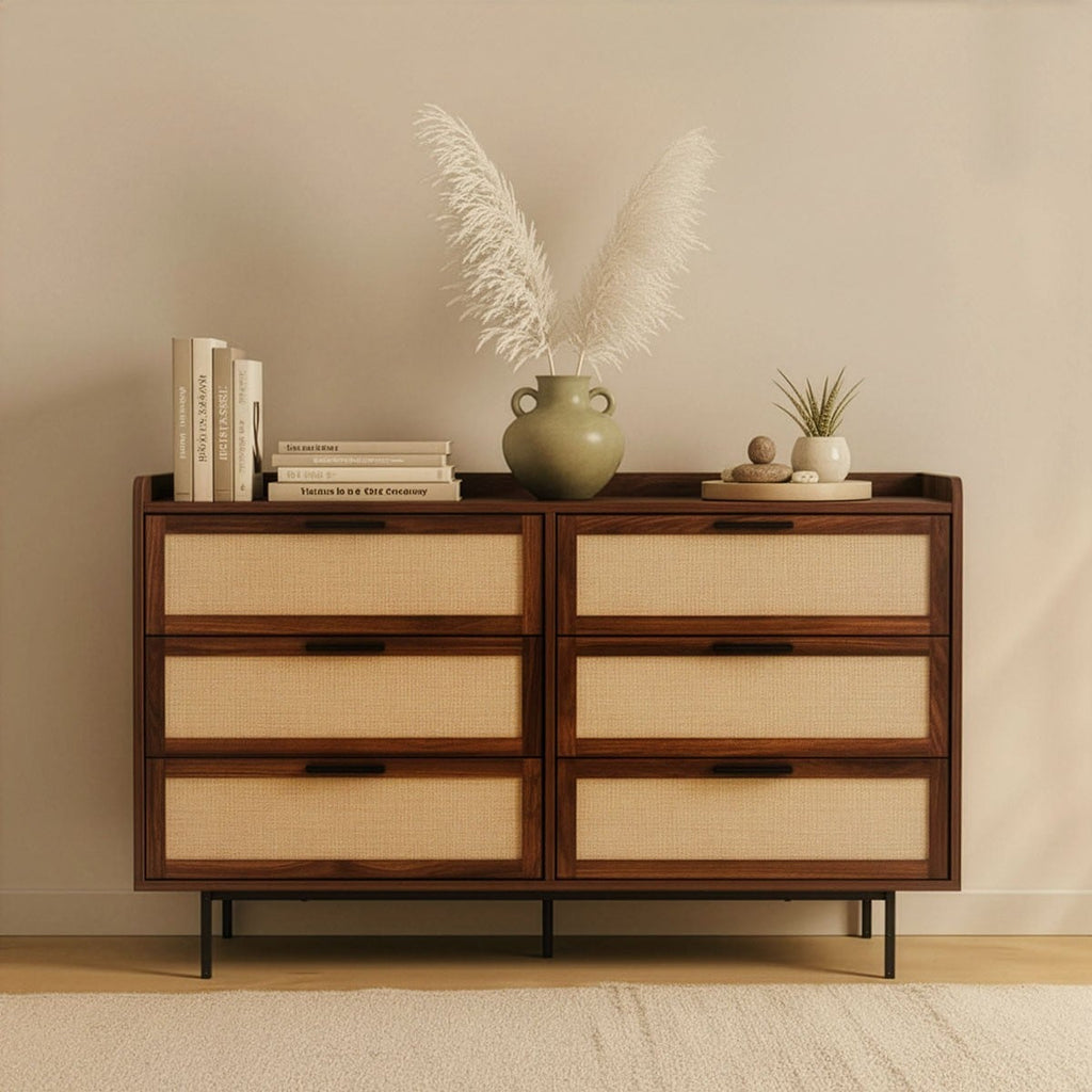 Jetson - 6 Drawer Chest - Fabric & Walnut