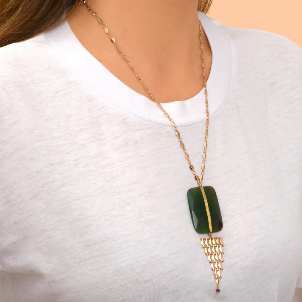 Babylone Adjustable Long Necklace - Green Agate