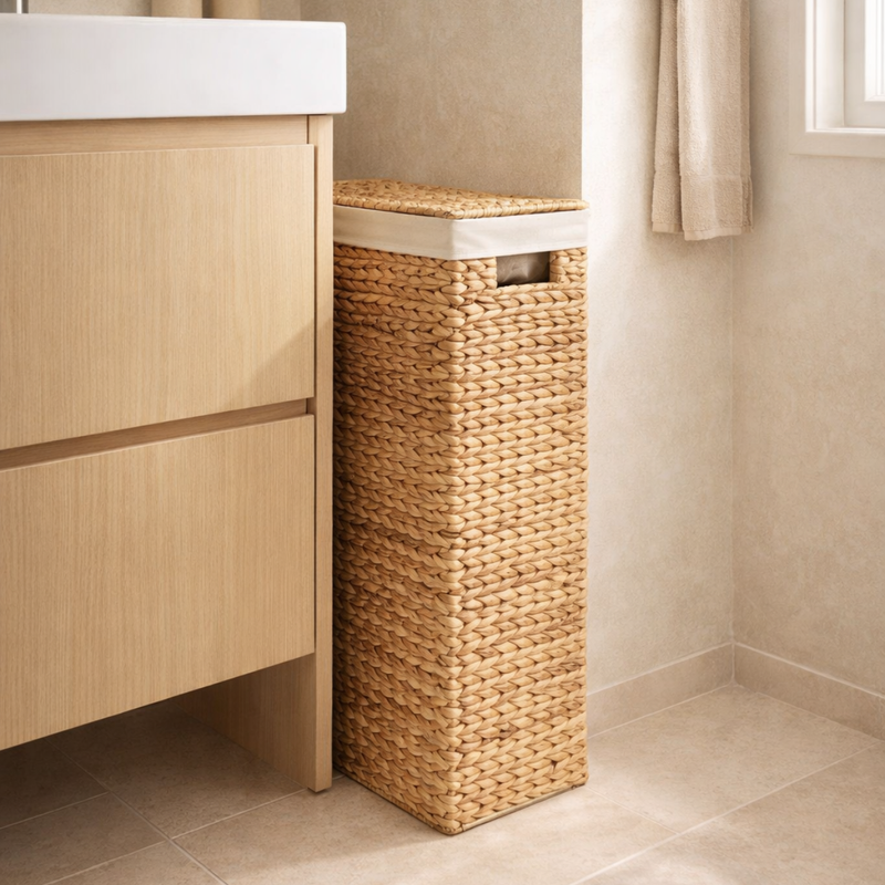 Maya - Cesto Para La Ropa Estrecho Con Tapa De Jacinto De Agua - Beige