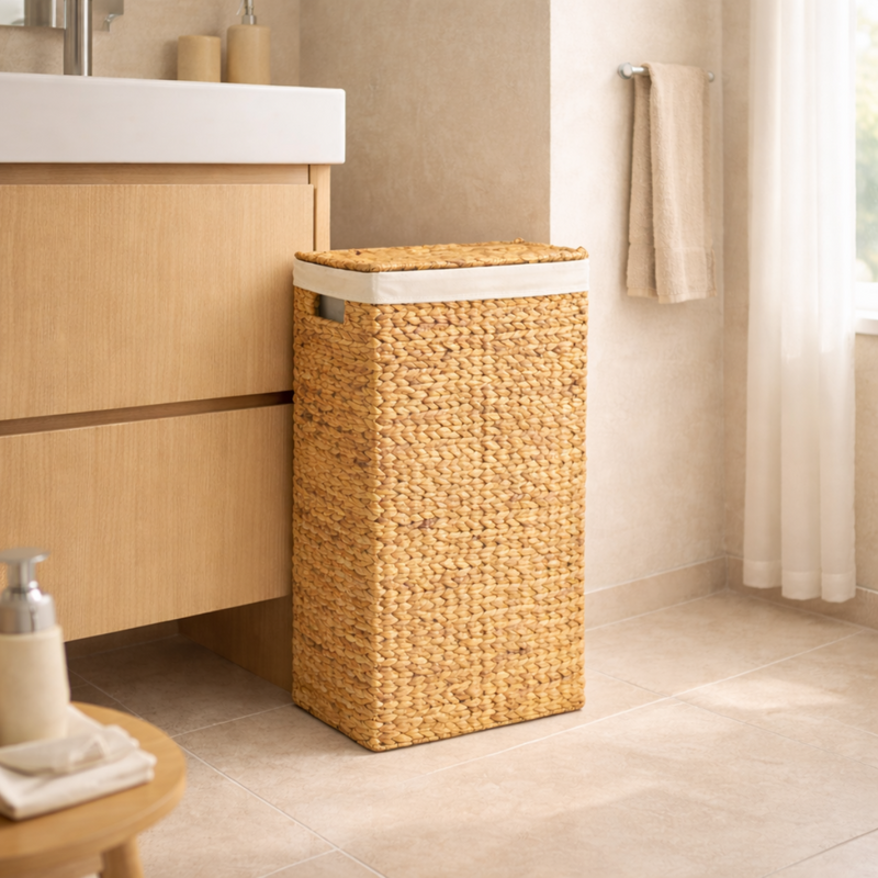 Maya - Cesto Para La Ropa Estrecho Con Tapa De Jacinto De Agua - Beige