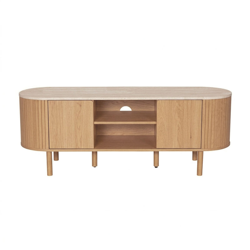Helios - Mueble De TV De 2 Puertas Con Tapa De Efecto Travertino - Madera Clara Y Travertino