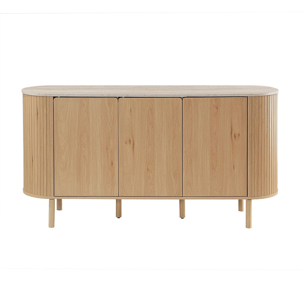 Helios - Aparador de 3 puertas con tapa efecto travertino - Madera clara y travertino