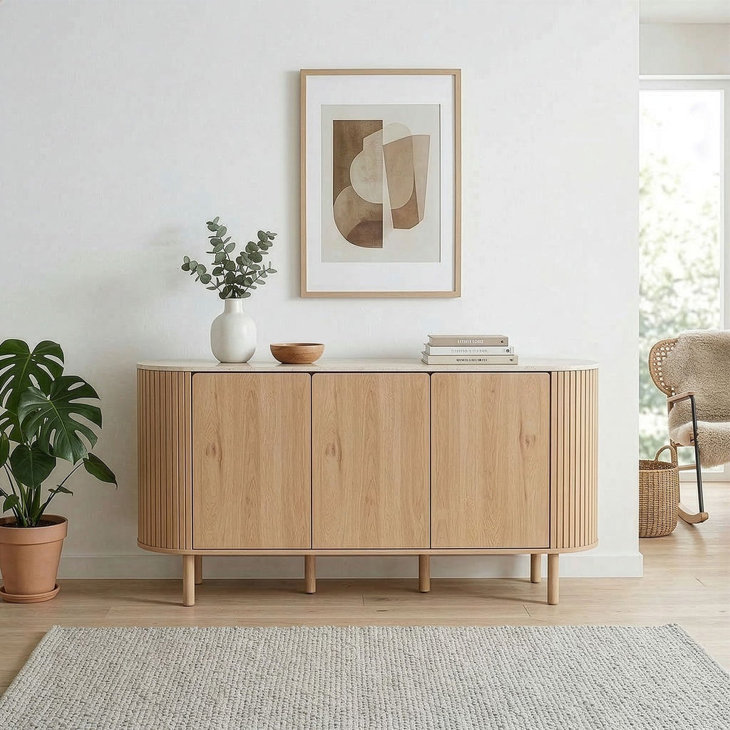 Helios - Aparador de 3 puertas con tapa efecto travertino - Madera clara y travertino