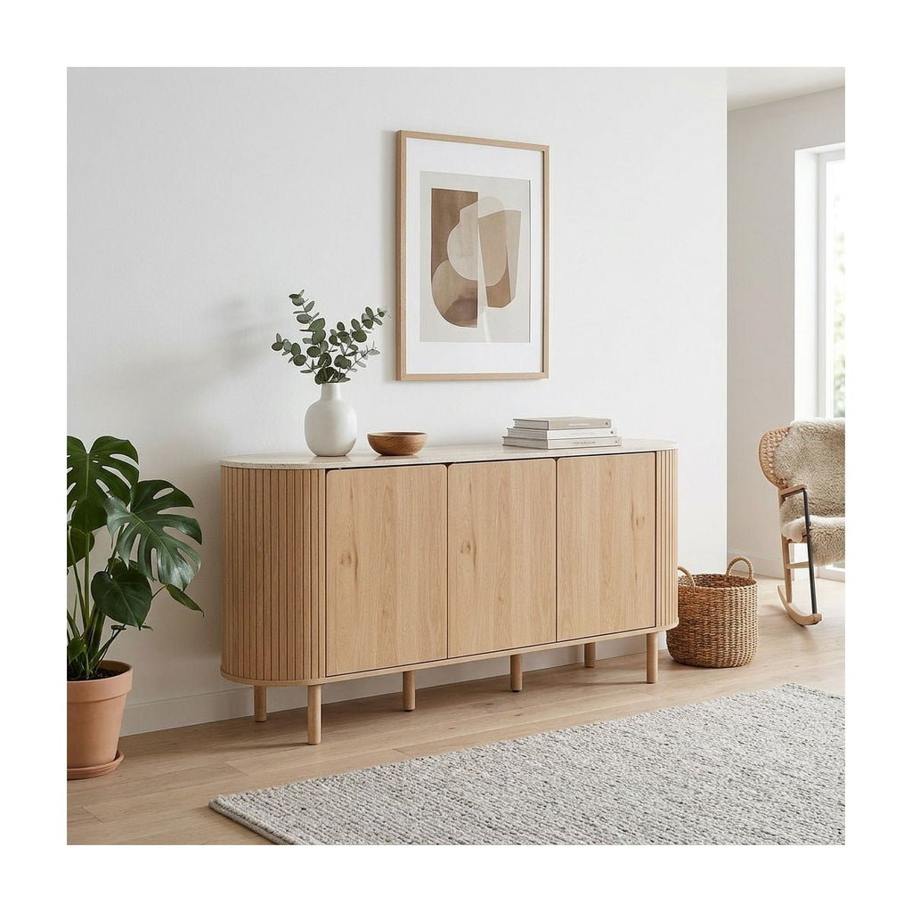 Helios - Aparador de 3 puertas con tapa efecto travertino - Madera clara y travertino
