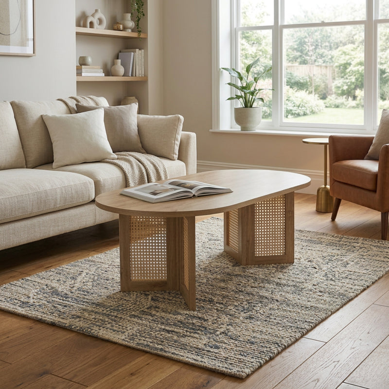 Talia - Table Basse Plateau Ovale Avec Pieds En Rotin Véritable - Bois Clair Et Rotin