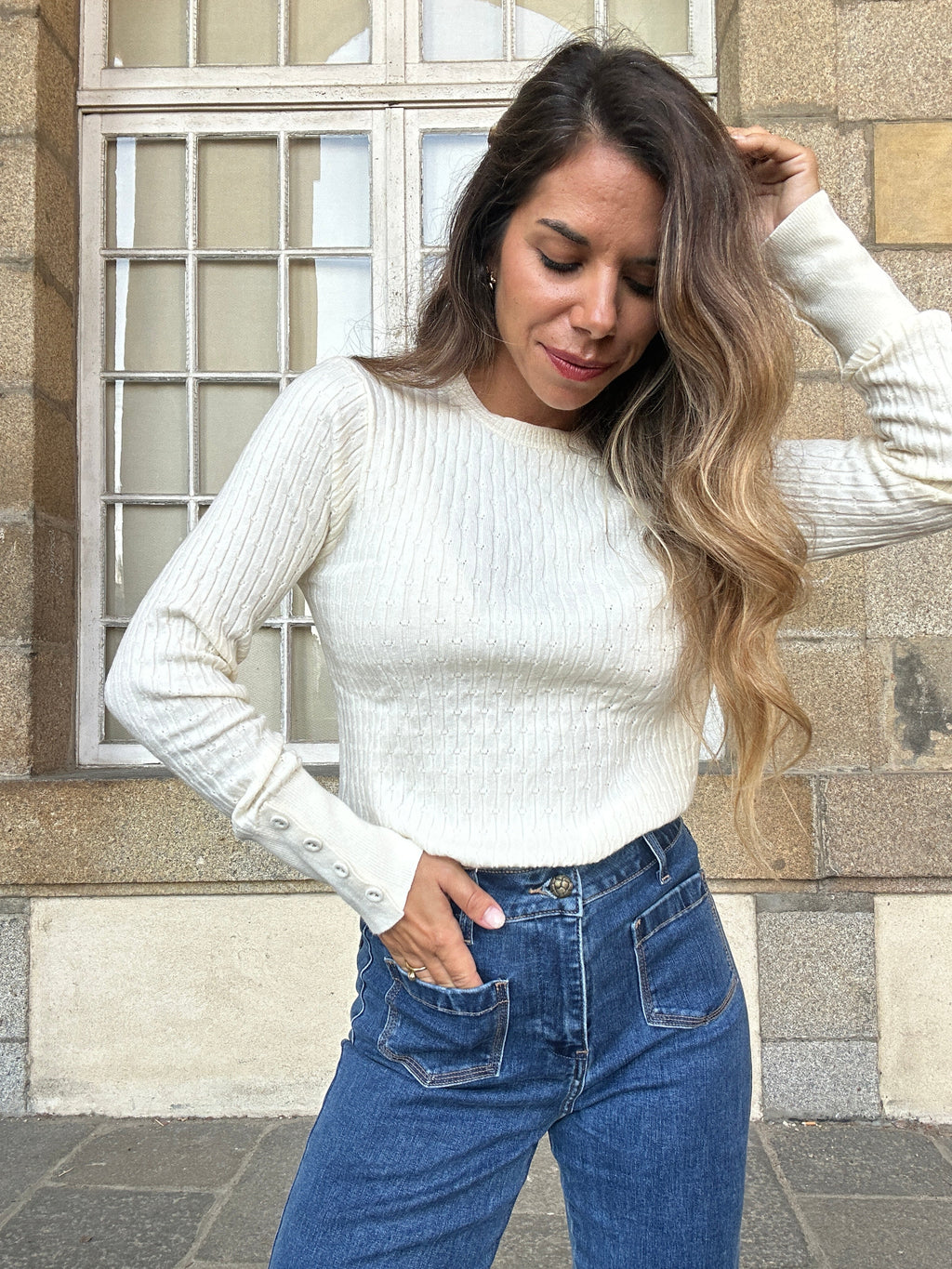 Diane fine-knit ecru jumper