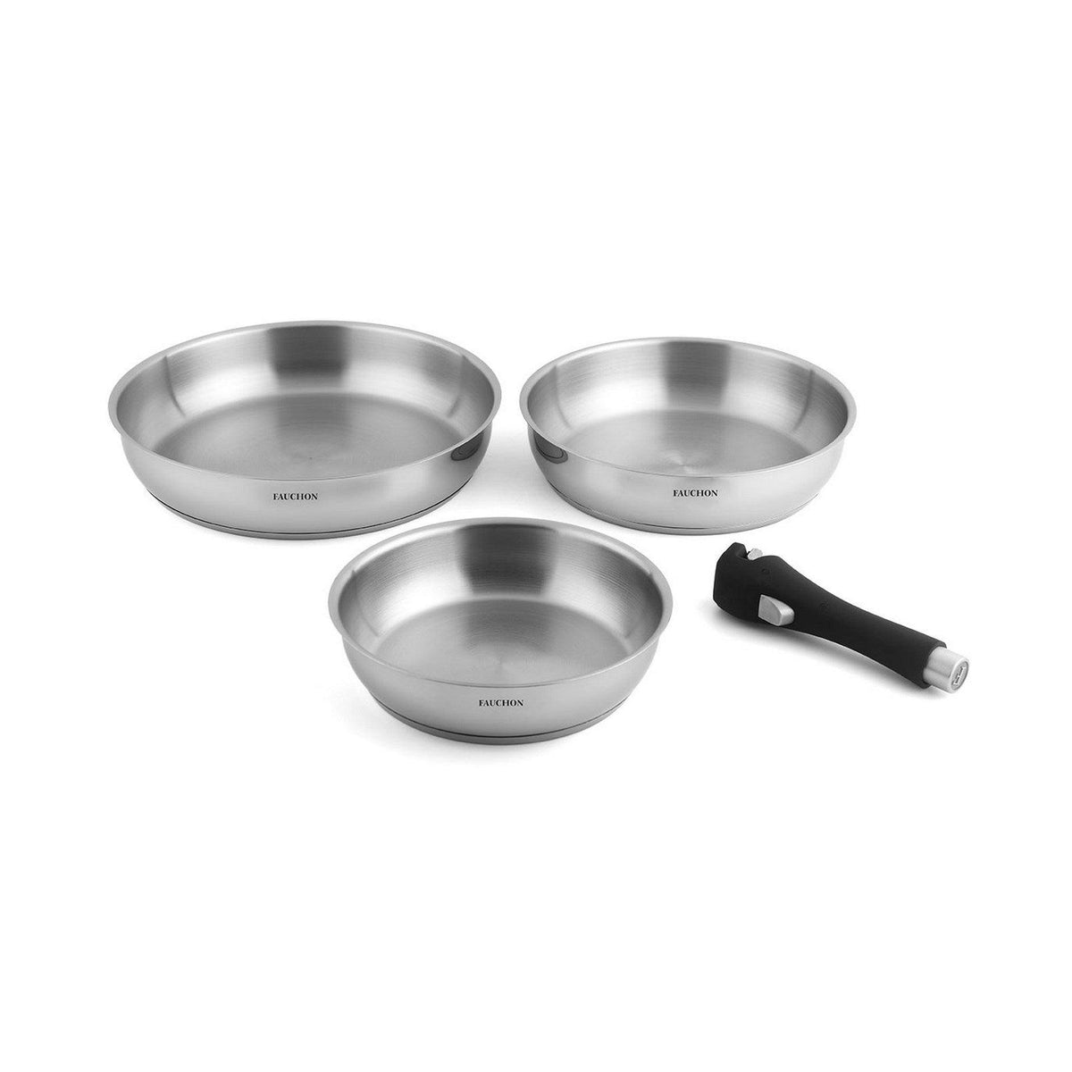 Fauchon - 3 Frying Pans 20/24/28 cm with Removable Handle 18/8 Stainless Steel Induction - Silver
