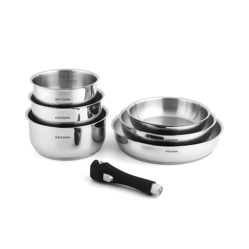 Fauchon - 7-Piece Induction Cookware Set with Detachable Handles, 18/8 Stainless Steel - Silver
