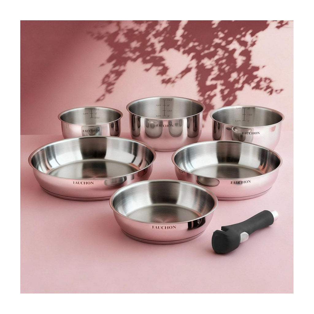 Fauchon - 7-Piece Induction Cookware Set with Detachable Handles, 18/8 Stainless Steel - Silver