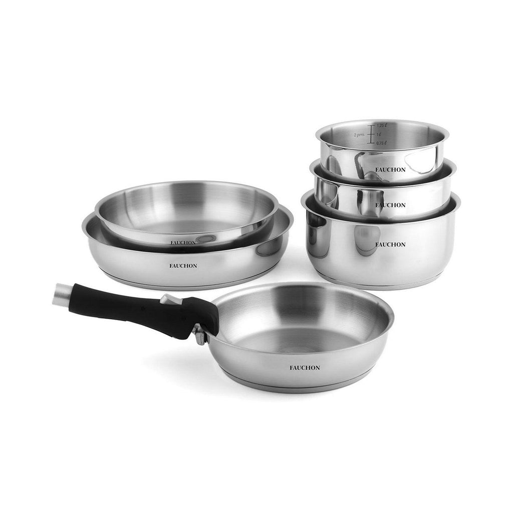 Fauchon - 7-Piece Induction Cookware Set with Detachable Handles, 18/8 Stainless Steel - Silver