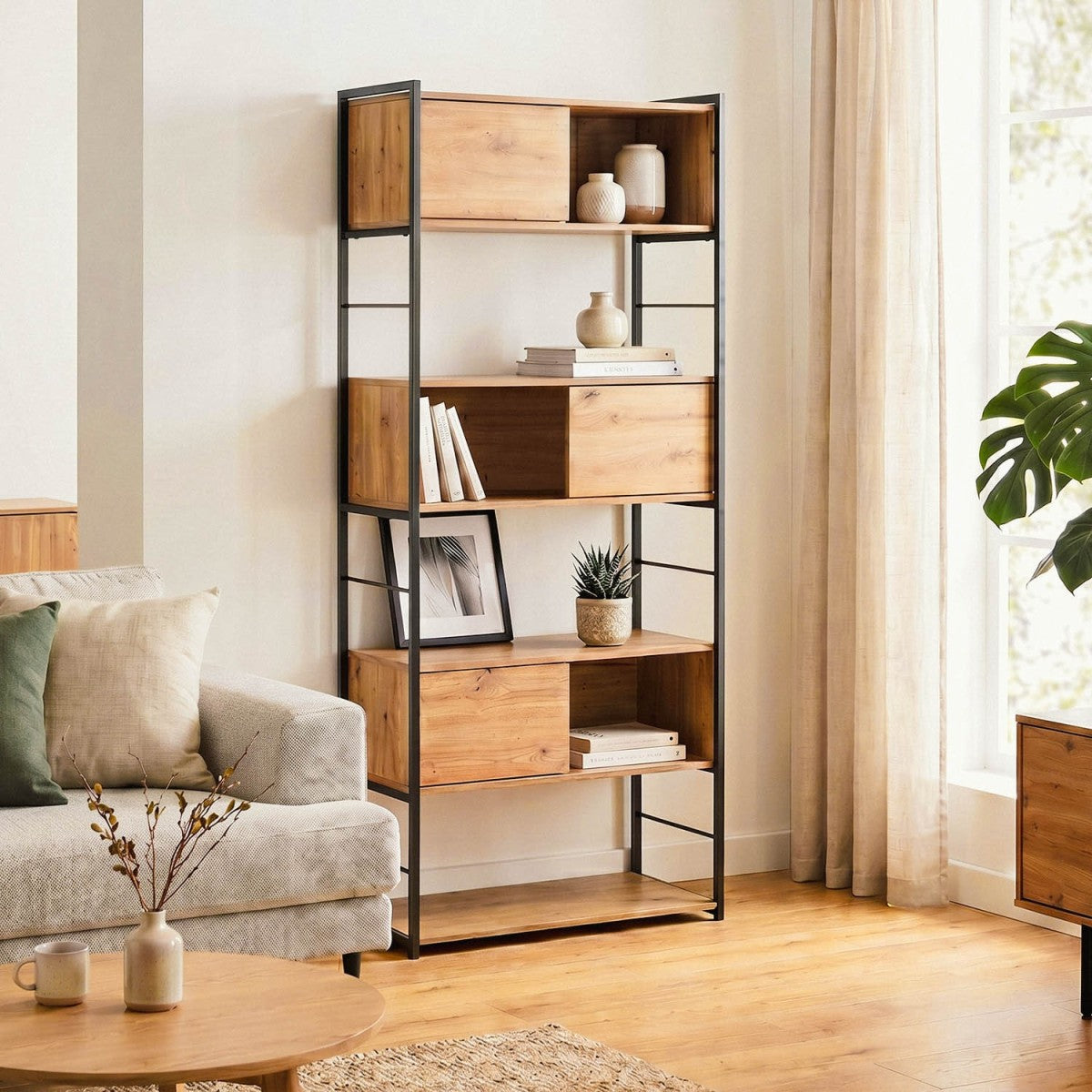Lenny - Biblioteca de 3 puertas correderas - Madera clara