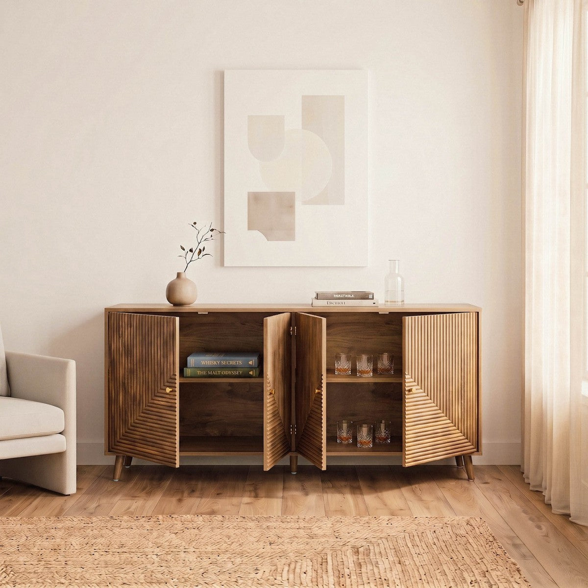 Eden - Aparador 4 puertas con frentes laminados - Madera clara