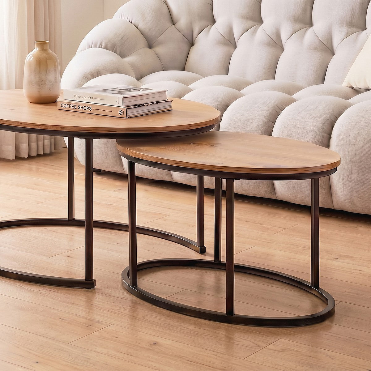Lenny - Set of 2 Oval Nesting Coffee Tables - Oak