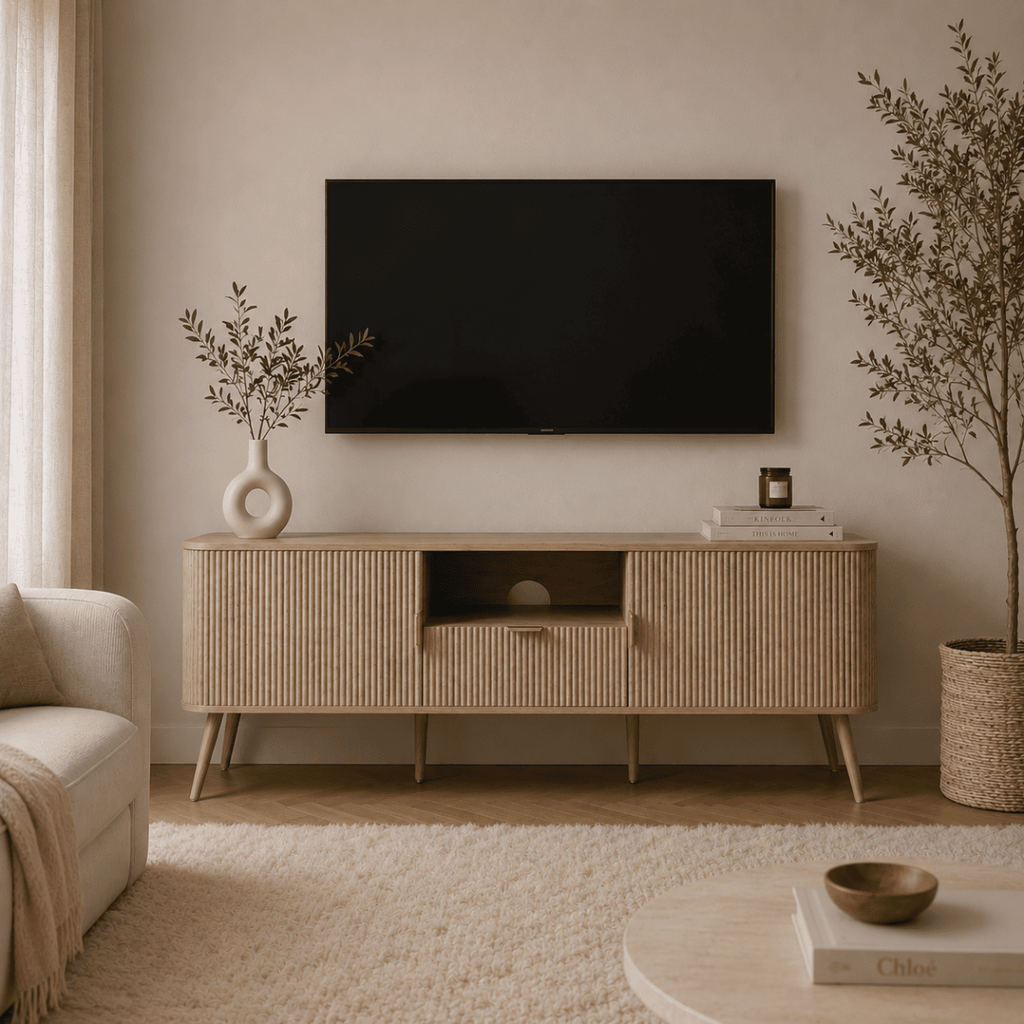 Maho - Meuble Tv 2 Portes Lames Arrondies - Chêne