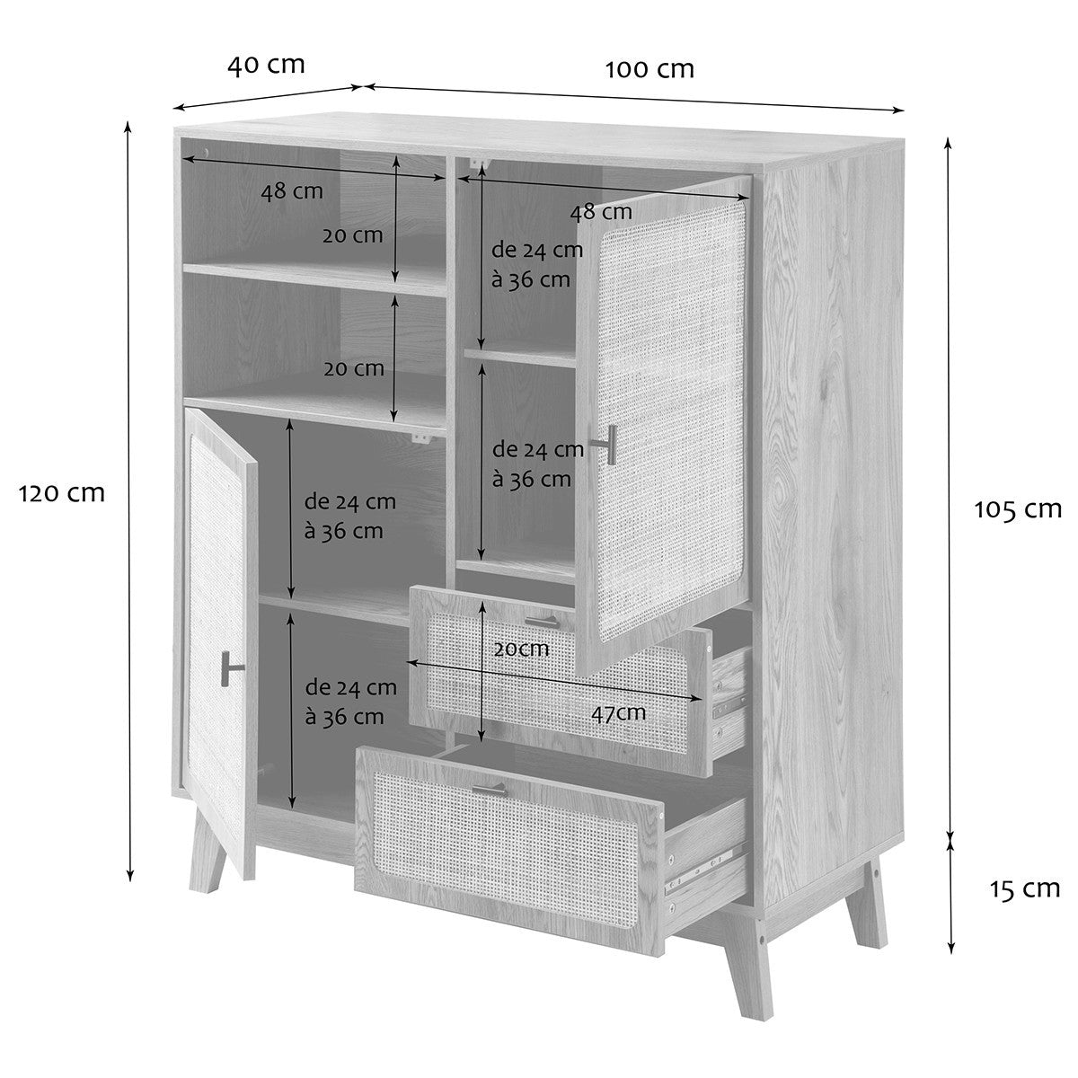 Alia - Buffet Haut 2 Portes/2 Tiroirs - Rotin