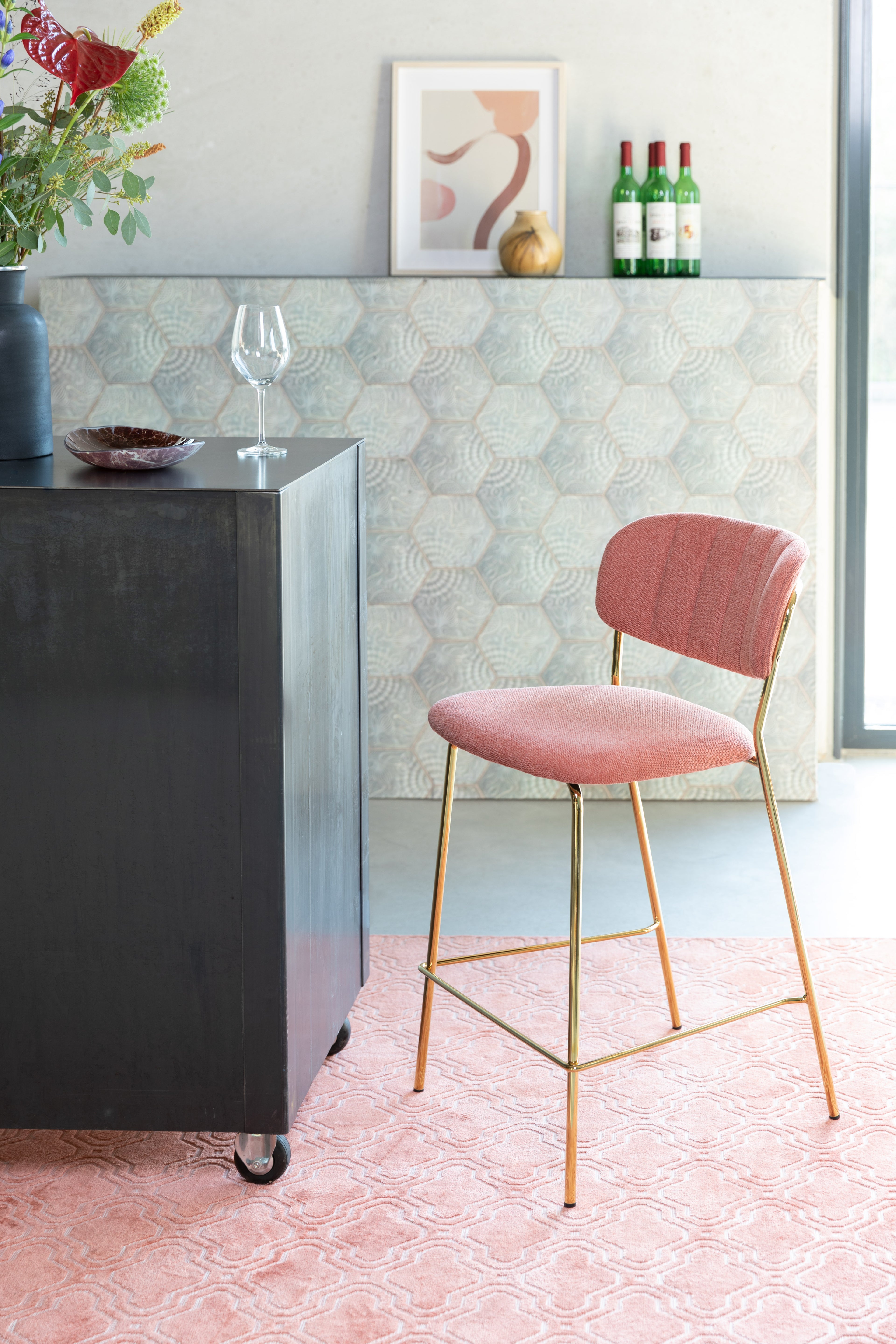 Jolien - Bar & Counter Stool - Fabric - Gold/Pink