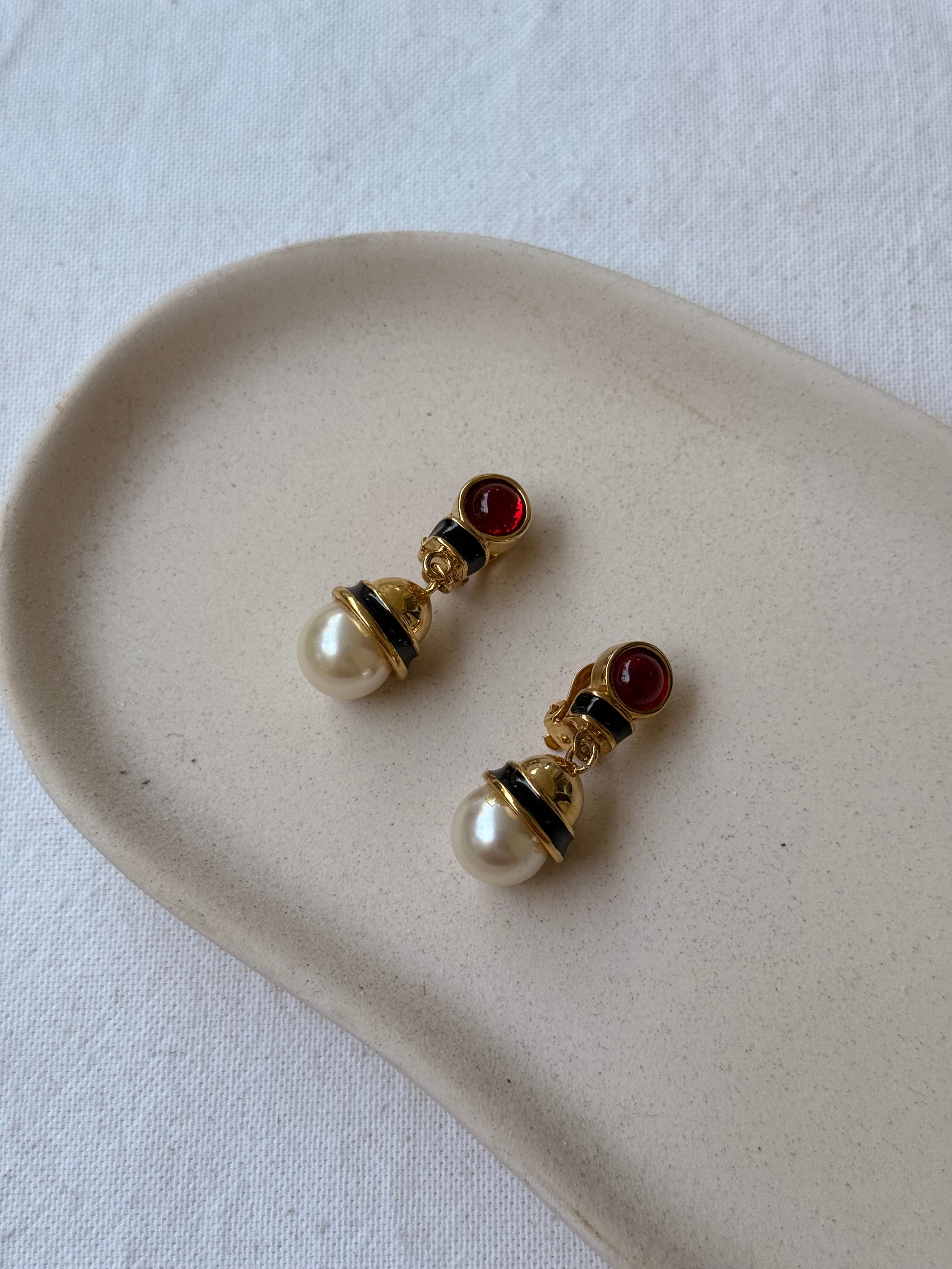 Boucles D’Oreilles Vintage - Pendantes Perles, Noires Et Rouges