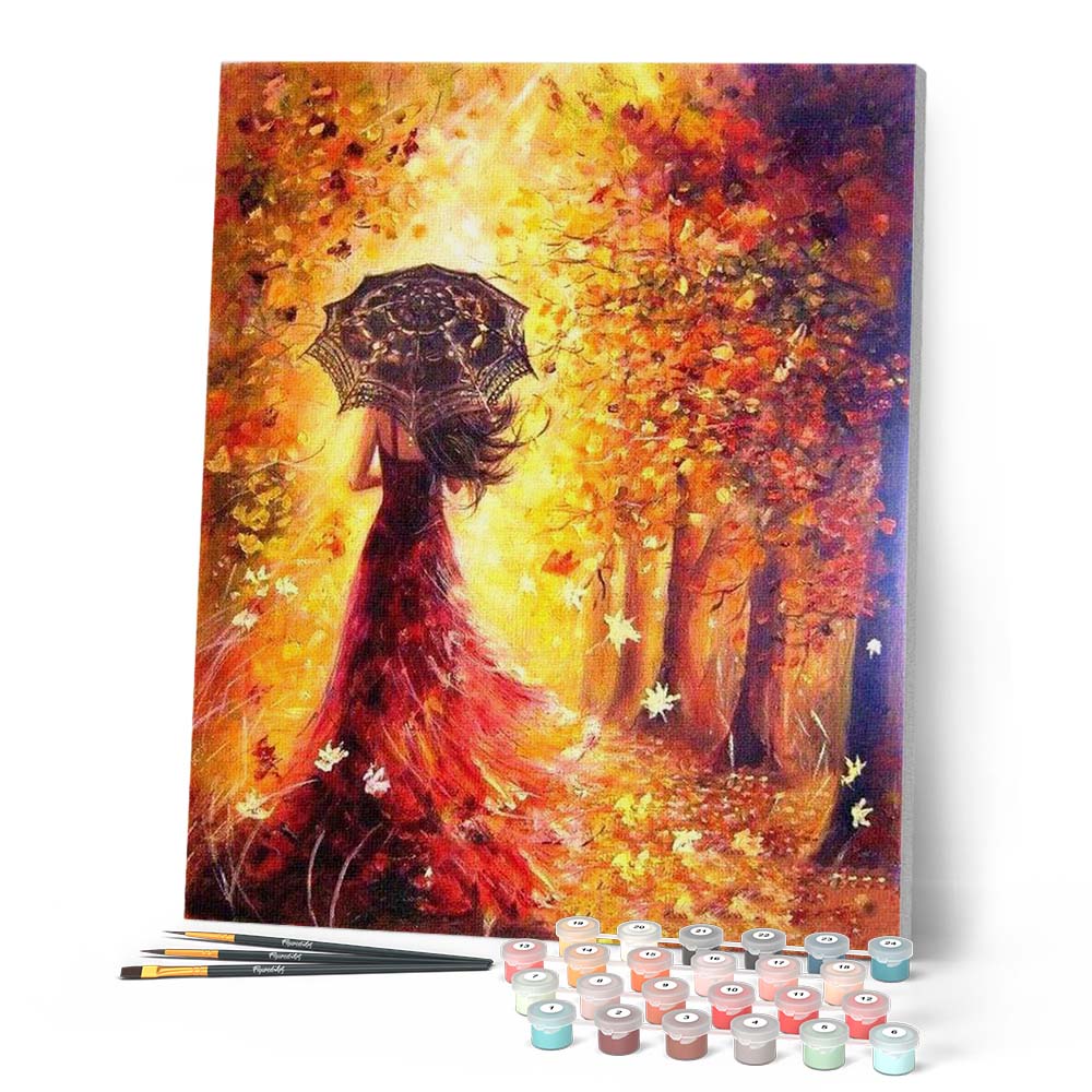 Peinture Par Numéros - Forêt D'Automne Et Femme Au Parapluie