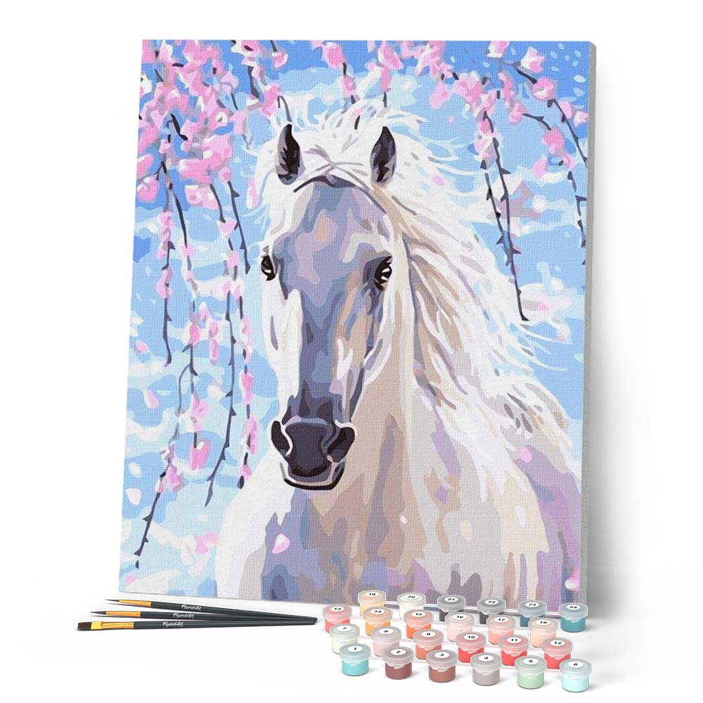 Peinture Par Numéros - Cheval Et Fleurs Blanches