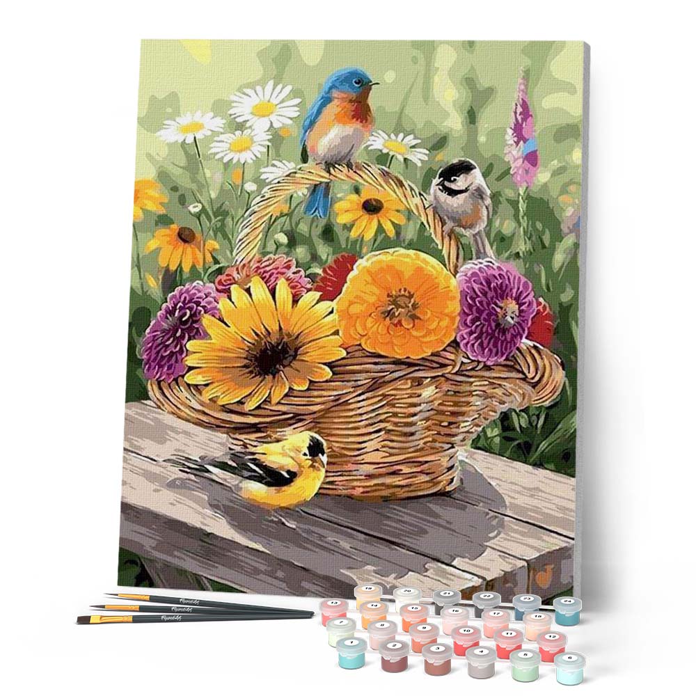 Peinture Par Numéros - Fleurs Dans Un Panier Et Oiseaux