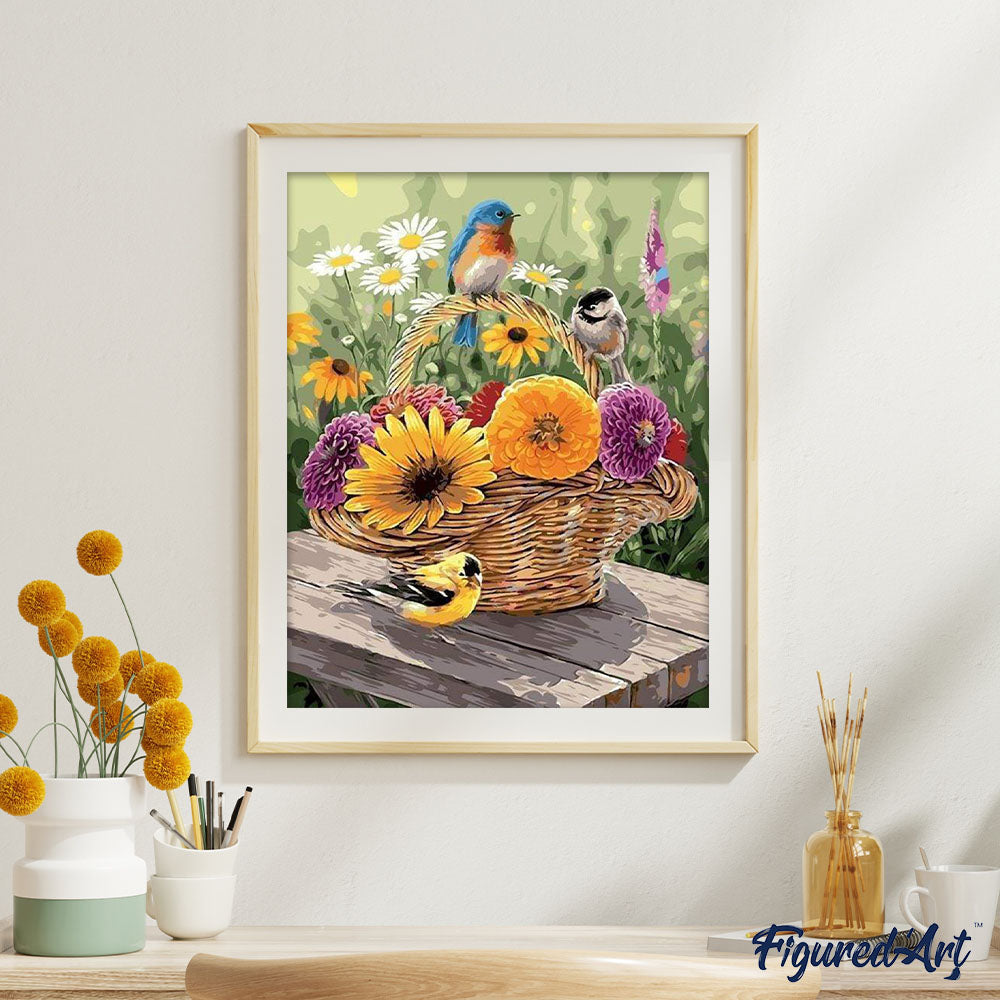 Peinture Par Numéros - Fleurs Dans Un Panier Et Oiseaux