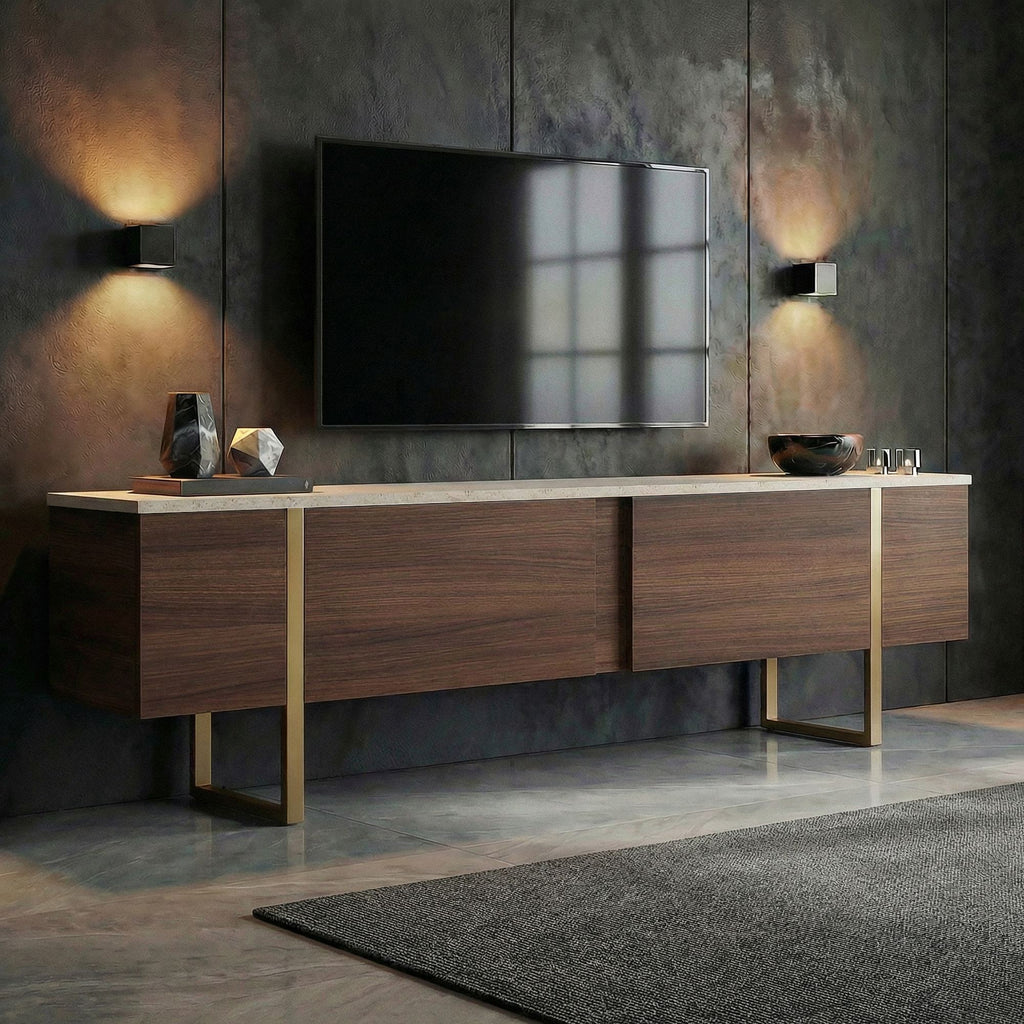 Onera - Meuble TV - Travertine/Milano Walnut/Doré