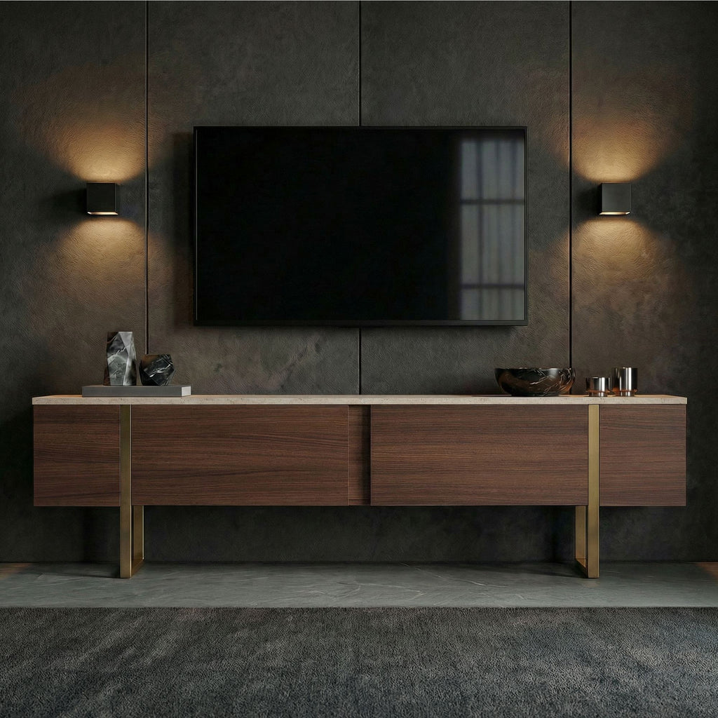 Onera - Meuble TV - Travertine/Milano Walnut/Doré