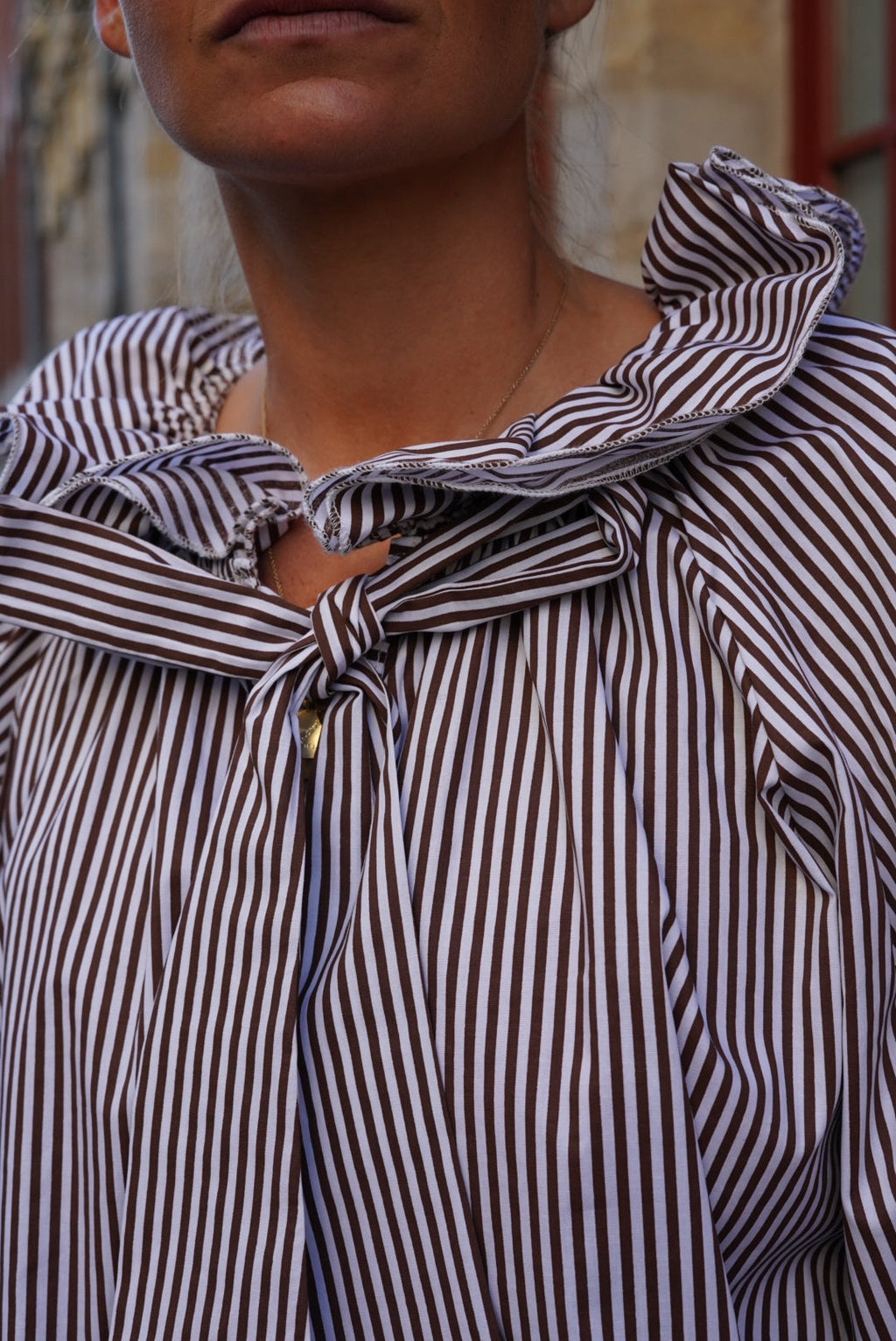 Madeleine Blouse Chocolate/White Stripe