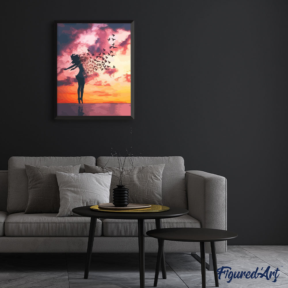 Peinture Par Numéros - Femme Et Oiseaux Au Lever Du Jour