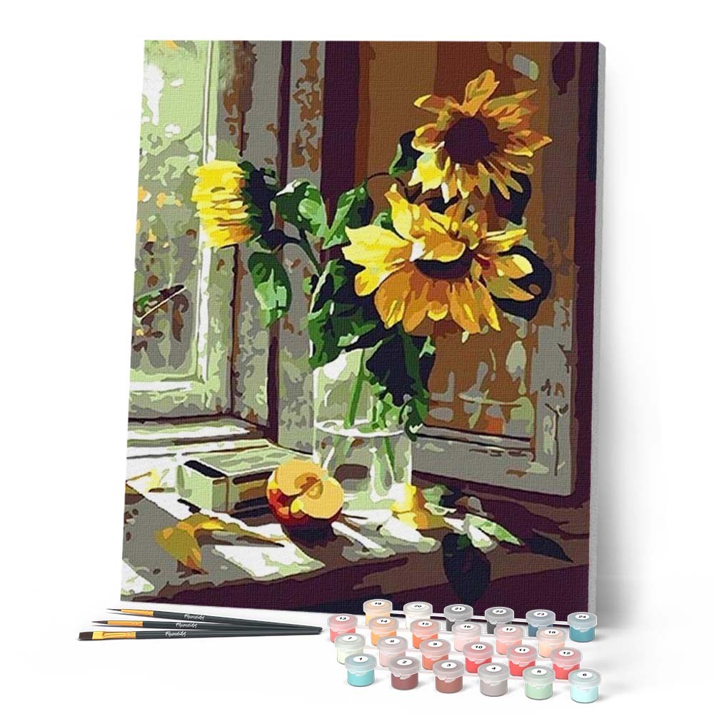Peinture Par Numéros - Tournesols Et Pomme Devant La Fenêtre