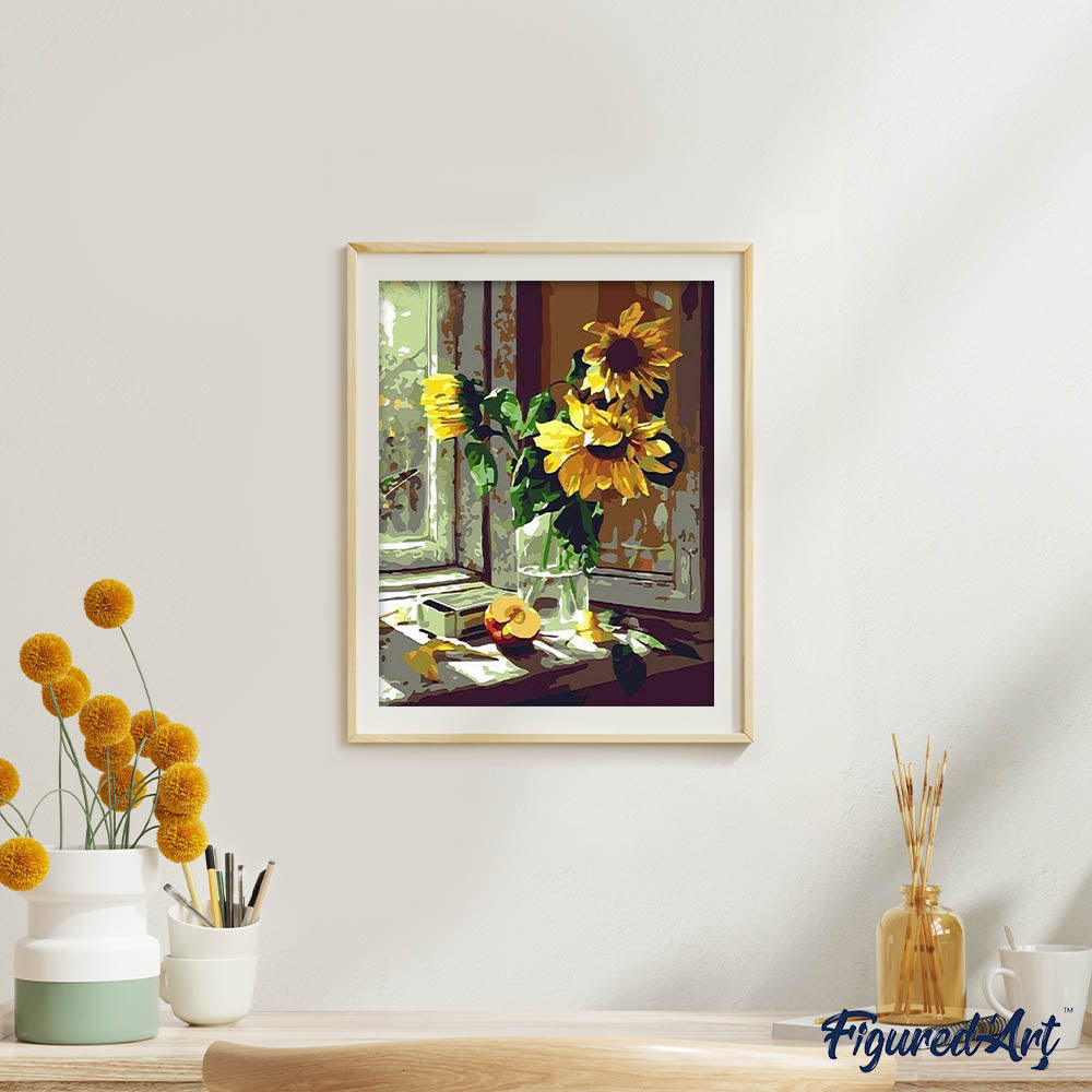 Peinture Par Numéros - Tournesols Et Pomme Devant La Fenêtre