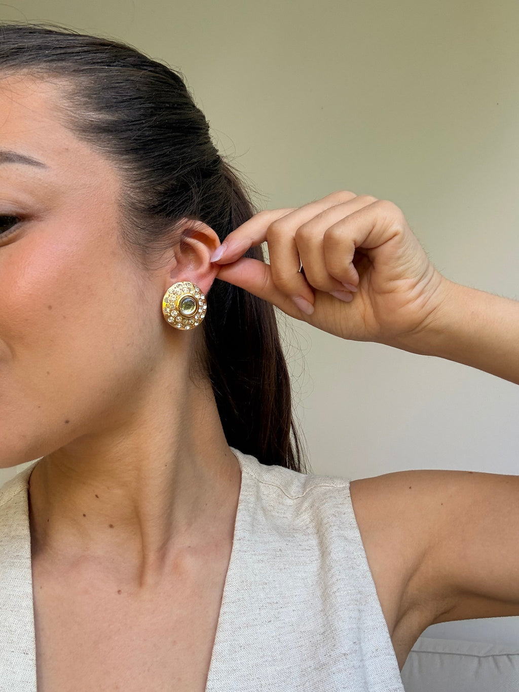Vintage Earrings - Round Gold Earrings Adorned with Rhinestones