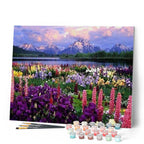 Peinture Par Numéros - Fleurs Et Lac Au Pied De La Montagne